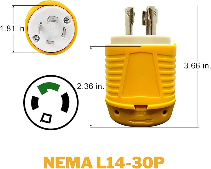Sintron NEMA L14-30P 30 Amp, 125/250 Volt Twist Lock Plug, 3 Pole 4 Wire, ETL Listed, Male Plug Locking Connector for Generator Power Inlet Welder Power Tool Industrial Grade Grounding 3750/7500 Watt