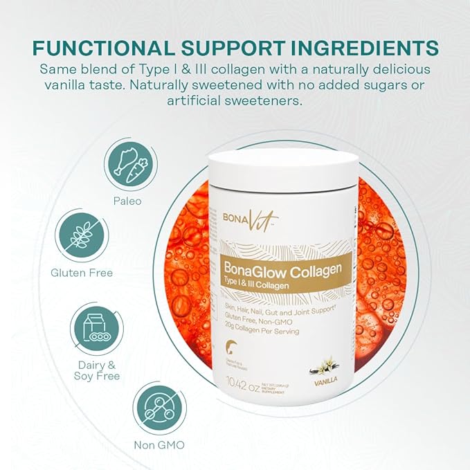 Collagen Peptides - Type I & III - Premium Hydrolyzed Collagen Powder - with Digestive Enzymes & Probiotics - High Dosis of Collagen & Protein - 14 Servings - BonaGlow Vanilla