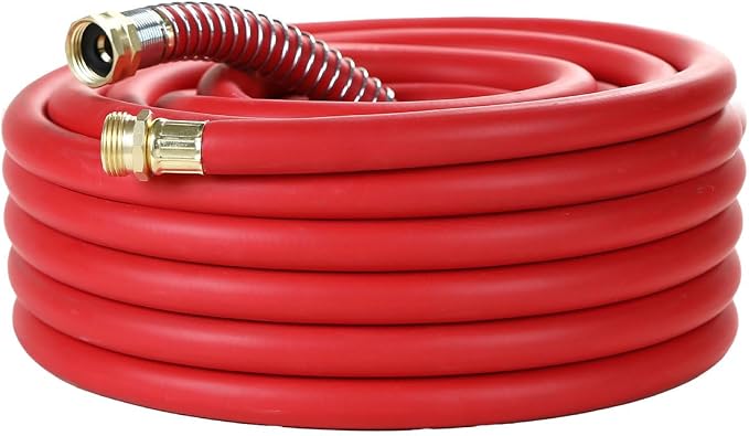 Guitrees 25FT 5/8 Heavy Duty Rubber Garden Hose - 300psi Working, 1000psi Burst - Hot/Cold Water - Five-Layered Braiding for Durability - Versatile for Gardening, Agriculture, Construction(Red)
