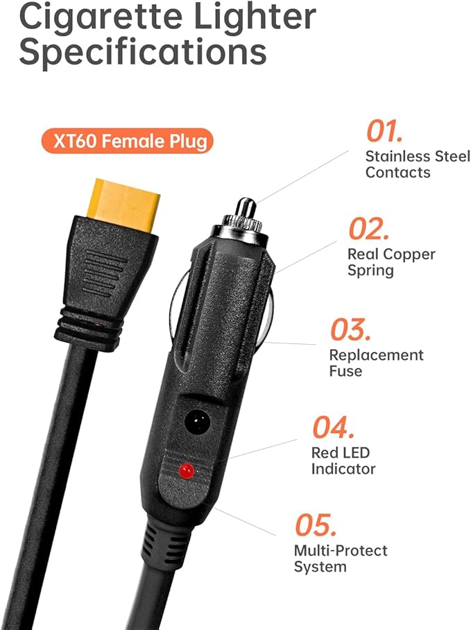 3M(10FT) 12V/24V Car Charging Cable to XT60 Connector, 14 AWG Cigarette Lighter Charger, Compatible with Anker SOLIX C300/C1000/F2000, EcoFlow Delta 2, BLUETTI AC2A Power Station, Black