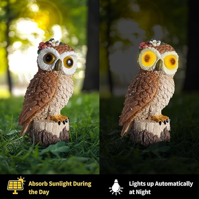 1 KINGO Fake Owl Decoy, Bird Deterrents for Outside, Solar Powered LED Eyes & Ultrasonic Deterrent, Scarecrow Owl Decoys to Scare Birds Away, Bird Repellent Devices Outdoor, Resin Garden Statues