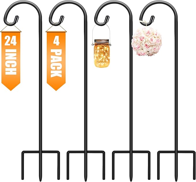 Gtongoko 24 Inch Shepherd Hooks for Outdoor 4 Pack,Garden Hooks for Hanging Plants, Lanterns, Solar Lights, Mason Jars & Wedding Decor, Matte Black Decorative Shepherd’s Hooks