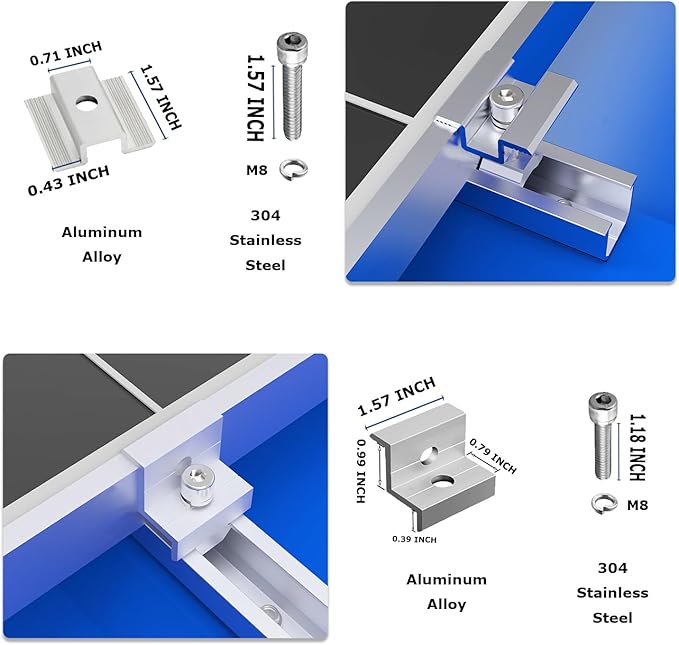 Solar Panel Mounting Brackets, Roof Mount Kit, Rails and Clamps Included for Thickness 1.18”-1.38”, 4pcs in A Row Assembly on Tin, Flat and Sheet Rooftop, Aluminum Alloy