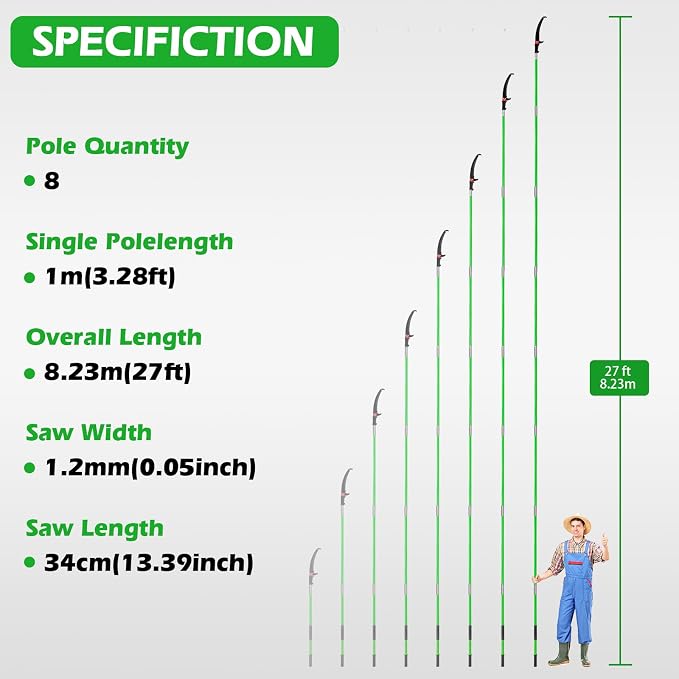 Grefinity Manual Pole Saw, 27 Ft Tree Trimmer, Extendable Pole Saws for Tree Trimming, Sharp Blade and Heavy Duty Scissors, for Backyard and Garden Pruning Palms & Shrubs, Green