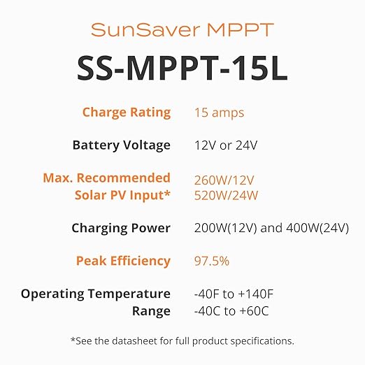 Morningstar SunSaver 15A MPPT Solar Charge Controller SS-MPPT-15L - Solar Panel Regulator, Supports 12/24V LA/Li Batteries. Load/Lighting Ctrl, HazLoc Rated, Low Noise, 5 Yr. WTY - Designed in the USA