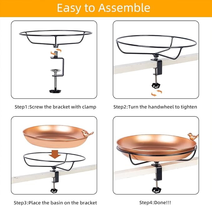DREAMSOUL Deck Mounted Bird Bath, Metal Bird Bath with Sturdy Steel Clamp, 12" Birdbath for Railing Balcony Garden Decoration