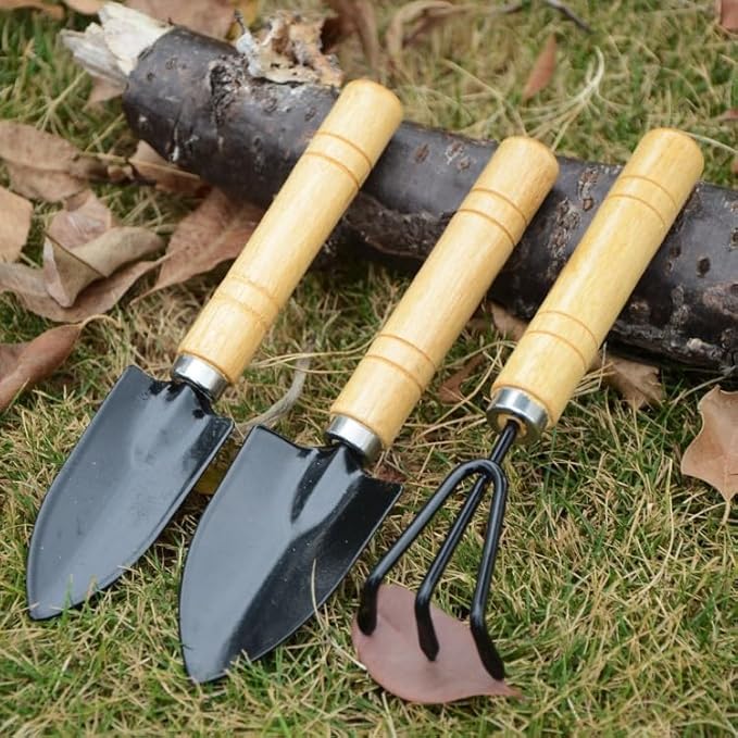 3 Pcs Mini Gardening Tool Set, Shovel, Spade, Rake Kit with Ergonomic Wooden Handles, Ideal for Planting, Weeding and Cultivating, Gardening Plant Tool for Cactus Herbs Indoor Miniature Plants (1 Set)