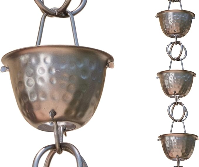 Monarch Rain Chains Aluminum Hammered Cup Pewter Rain Chains for Gutters – 8.5 ft Pewter Decorative Rainchain Outdoor Durable Heavy Duty Gutter Chain Downspout Modern Rainchains for Outside