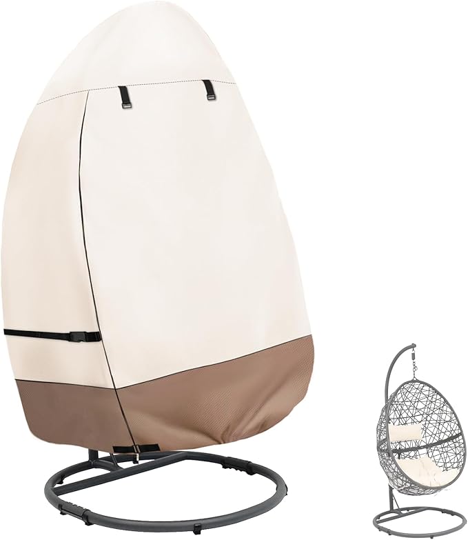 okcool Patio Hanging Egg Chair Cover, Waterproof Heavy Duty Outdoor Single Seat Swing Egg Chair with Stand Cover(Beige & Brown, Fits 45″W x 33″D x 68″H Egg Chair)
