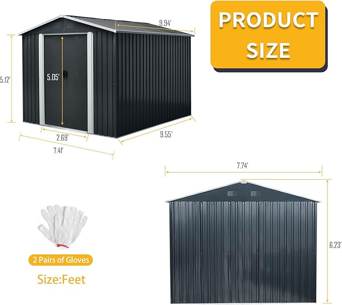 KEIKI 8x10 FT Outdoor Metal Storage Shed with Peaked Roof,Vents and Lockable Sliding Door for Garden Yard Lawn