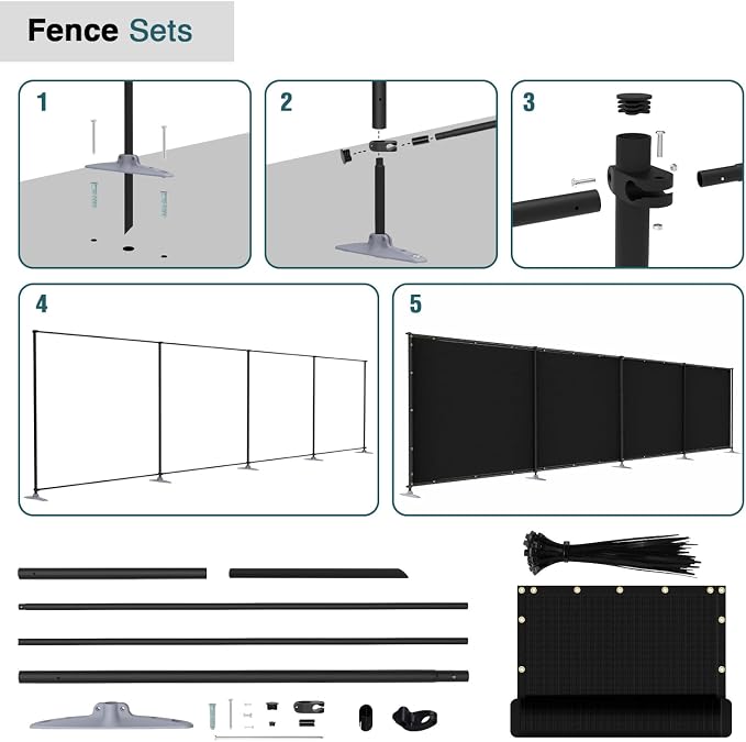 ECOOPTS 5'Hx40'L Privacy Fence Set with Poles and Rails Ground Spikes Fence Kit for Patio Garden Pool Yard (Black)