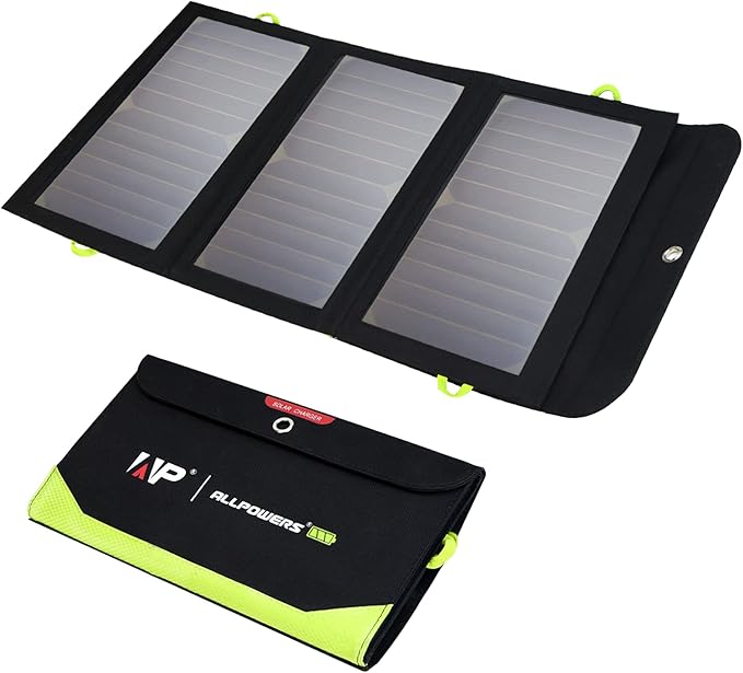 ALLPOWERS SP002 5V 21W Solar Panel, Portable Solar Charger, 3 USB Output & 2 USB Input Waterproof Foldable Solar Panel, PD 18W Fast Charging, High Efficiency Conversion for RV, Outdoor, Camping