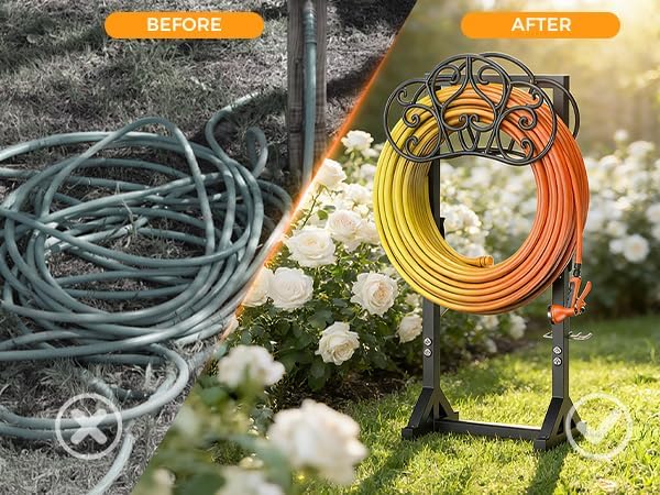 Garden Hose Holder Heavy-Duty Freestanding Water Hose Holder Holds 160Ft Hoses with 2 Tool Hooks, Rustproof Freestanding Hose Stand with 4 Spikes Hose Hanger Storage Rack for Outside, Yard, Lawn