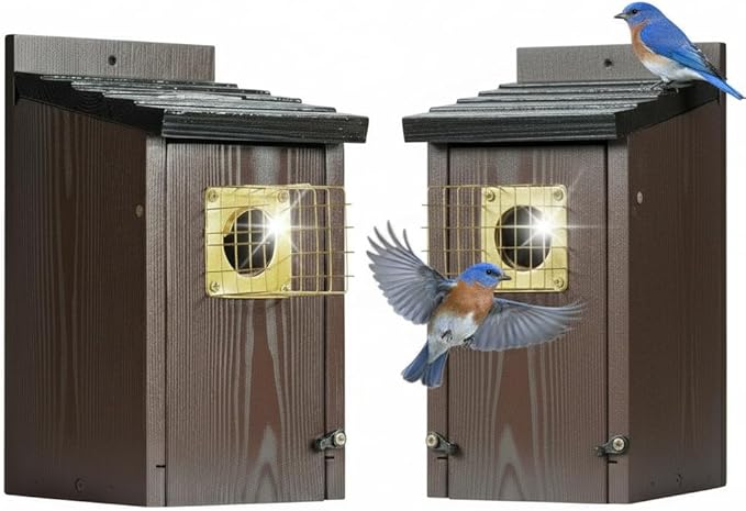 2pk Fortress Bluebird House for Outdoor Clearance - Mesh Cage Predator Guard - Metal Base & Brass Guard - Cedar Birdhouse for Bluebirds, Finches, Swallows Carbonized Outdoor 5 Years Usage 6"x7"