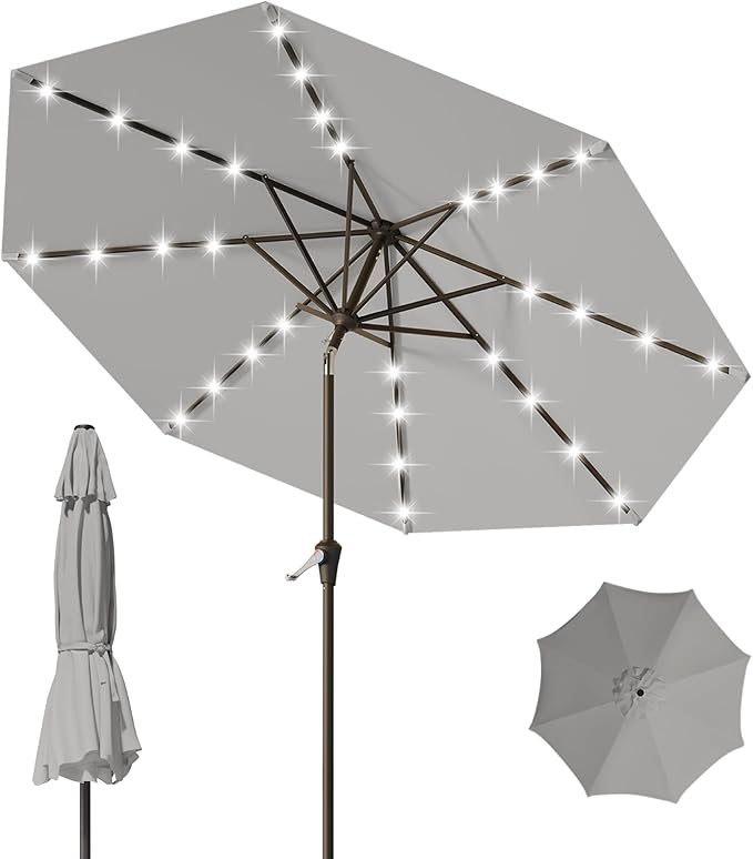 9FT Patio Umbrella with Solar Lights,Outdoor Market Umbrella with Tilt and Crank, LED Lighted Table Umbrella for Garden,Deck,Backyard,Pool,Beach