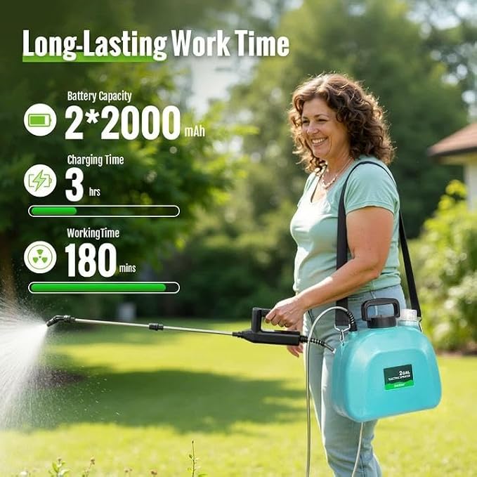 SideKing Battery Powered Sprayer 2 Gallon, Electric Weed Sprayer with 3 Adjustable Spray Pressures, Battery Indicator, Telescopic Wand and 4 Nozzles, for Garden, Lawn, Yard & Plants Care