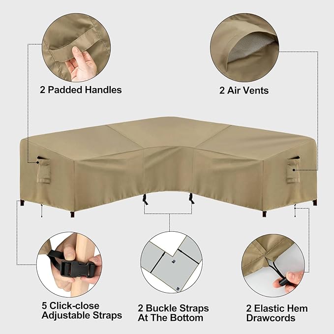 PureFit Outdoor Sectional Sofa Cover Waterproof V Shaped Patio Furniture Covers for Deck, Lawn and Backyard, 89”x89”, Camel