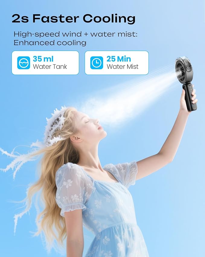 Otlonpe Handheld Misting Fan Portable, Powerful High Speed, Small Personal Rechargeable Cooling Mister Fan Water Spray Mist, 4000mAh Battery Operated for Travel Indoor Outdoor Hand Desk (Black)