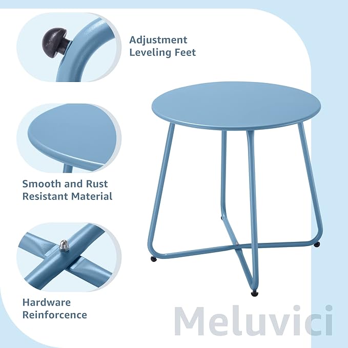Meluvici Patio Outdoor Side Table Waterproof Round Metal Steel Small Side Table Weather Resistant Portable Outdoor and Indoor End Table for Garden Balcony Yard, Blue