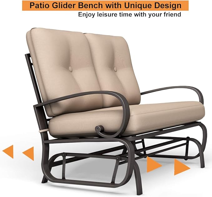 Giantex Outdoor Glider Bench, Patio 2 Person Loveseat with Removable Cushion, Thick Padded Seat, Stable Steel Frame, Outside Glider Swing Chair for Deck, Poolside, Yard, Balcony, Porch, Beige