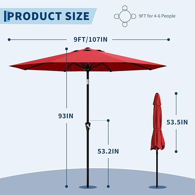 GarveeLife 9FT Umbrella Outdoor Patio, Table Umbrella with Push Button Tilt and Crank, 8 Sturdy Ribs Waterproof UV Protection for Garden, Pool, Deck, Backyard, Market (Red)