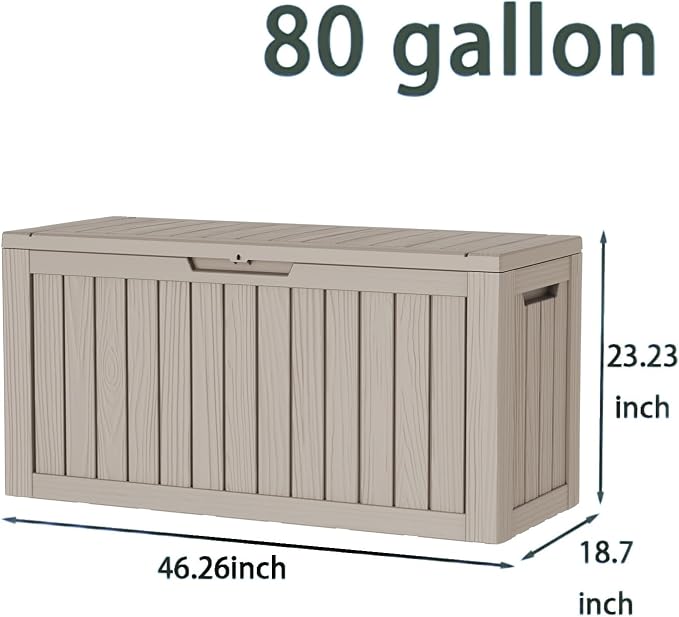 80 Gallon Deck Box, Waterproof Resin Outdoor Storage Box Lockable for Patio Furniture, Fade Resistant Patio Side Table & Organizer for Garden Tools, Pool Floats, Outdoor Cushions, Light Coffee