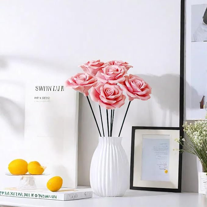 Handmade Porcelain 3D Ceramic Rose Flower, Eternal Flower Decoration for Home Office Decor, Creative Desktop vases, Porcelain Decorations, Exquisite, Set of 6 (Pink)