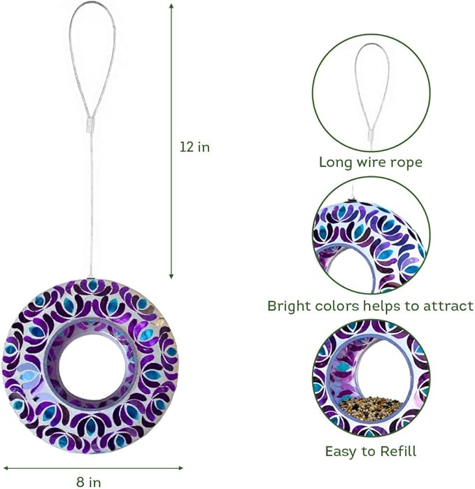 Lily's Home 8 Inches Glass Mosaic Hanging Bird Feeder for Outdoors Fly-Through Large Bird Feeder for Outdoor Garden Decor Backyard, Animals Lovers Gift, Purple and Blue
