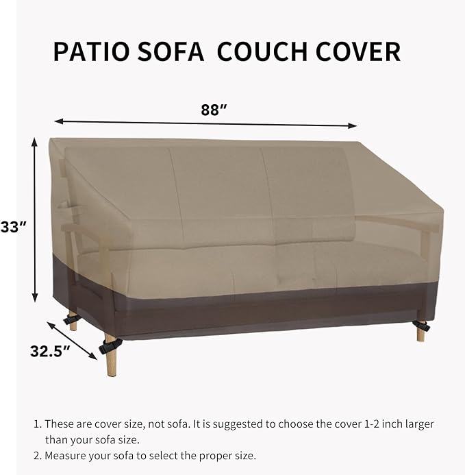 Easy-Going Waterproof Outdoor Couch Cover, Heavy Duty 3-Seater Patio Sofa Cover, Winchdproof Outdoor Furniture Cover with Air Vent （88Wx32.5Dx33H inch,Camel/Dark Brown)