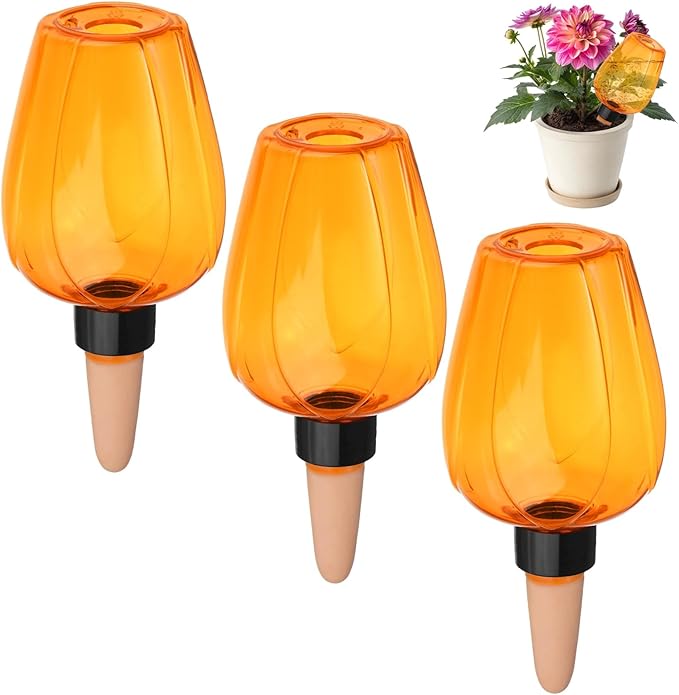 M METERXITY 3-Pack Plant Self Watering Globes, 5.1 oz Plastic Rose Water Bulbs Top Fill for Indoor/Outdoor Plants, Self Watering Spikes Slow Release Terracotta [Orange]