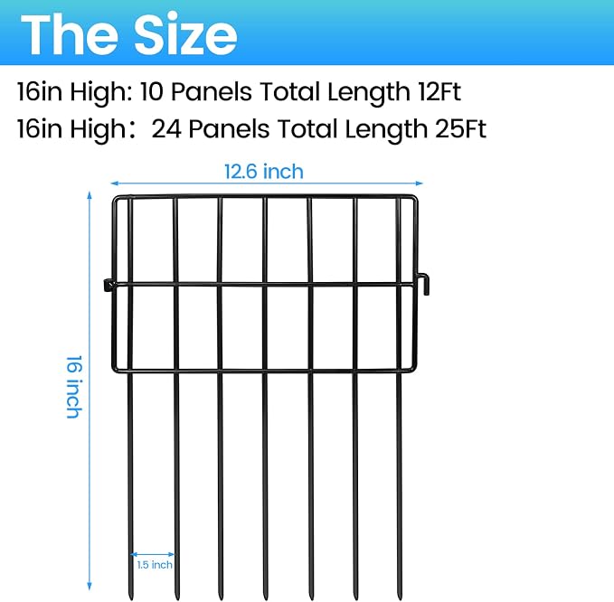 Getlay Garden Fencing Animal Barrier 36ft(L)×16in(H), 32Panels No Dig Fence, 1.5"Gap Underground Critter Barrier for Decks, Pet Dog Digging Fence Barrier. Rust-Proof Metal Black Fence Stakes