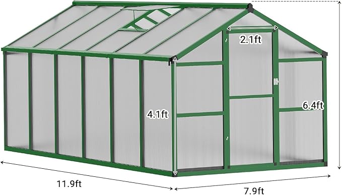 8X12 ft Greenhouse for Outdoors, Walk-in Greenhouse Kit with Aluminum Frame, Polycarbonate Panels, Adjustable Roof Vent, Sliding Door, Secure Lock for Outside Garden, Patio, Backyard