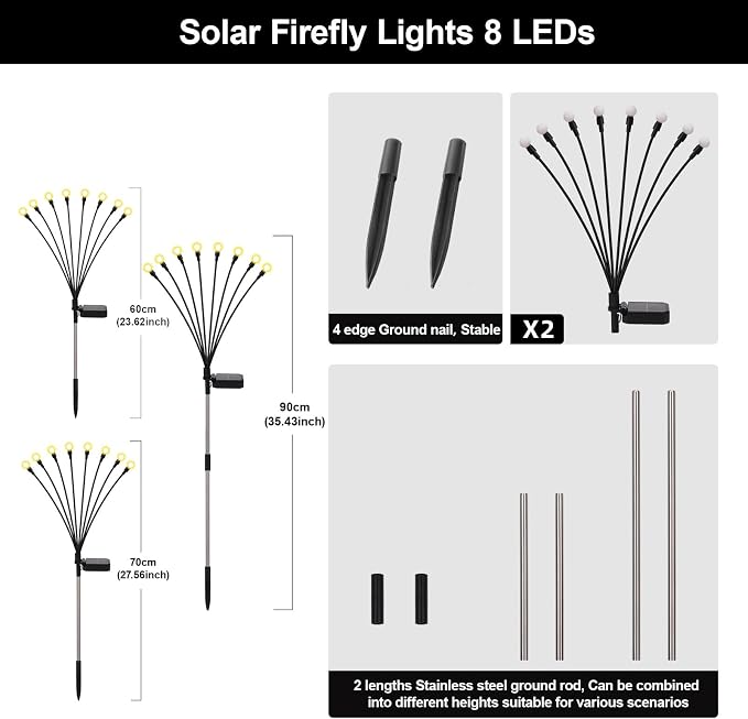 Solar Firefly Lights Warm White, 8 Modes 800mAh Swaying Firefly Yard Lights Solar Powered Outdoor Waterproof for Outside Yard Patio Lawn Pathway Walkway Stake Christmas Garden Decor (2 Pack)