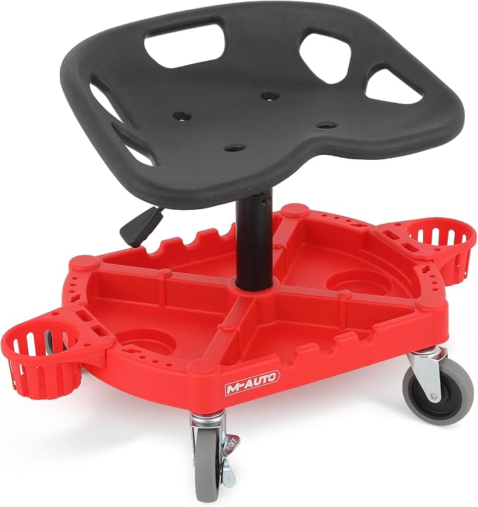 M-AUTO Padded Seat Shop Chairs for Garage with Wheels, 17.5”-22.5” Height Adjustable Swivel Mechanics Seat with Tool Organizer Tray for Garage and Garden, 300lbs Capacity