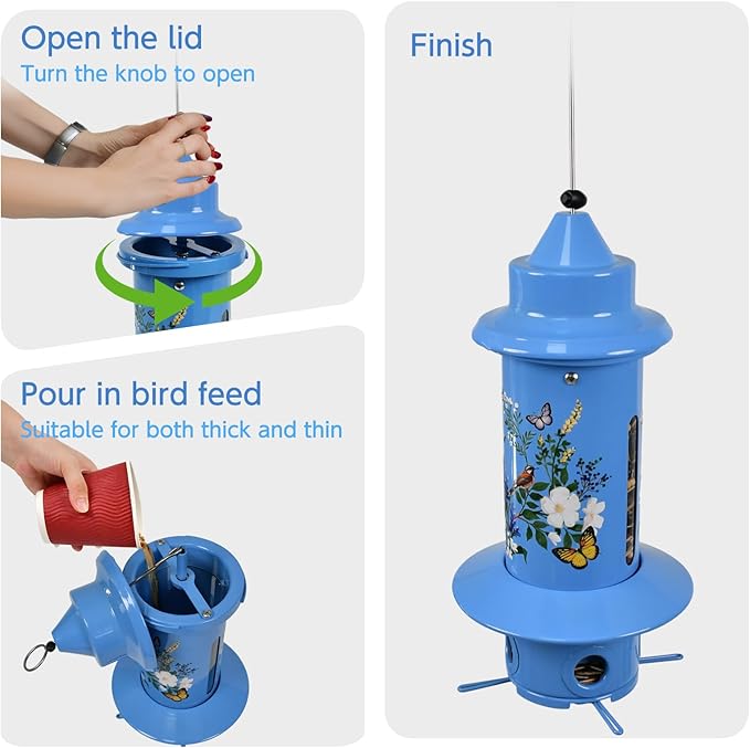 Squirrel Proof Bird Feeders, Long Lasting Bird Feeder for Outdoors, Reliable and Rust Resistant Metal Station for Prevents Squirrels from Stealing Food,5LB Large Capacity (Blue Bird Feeder)