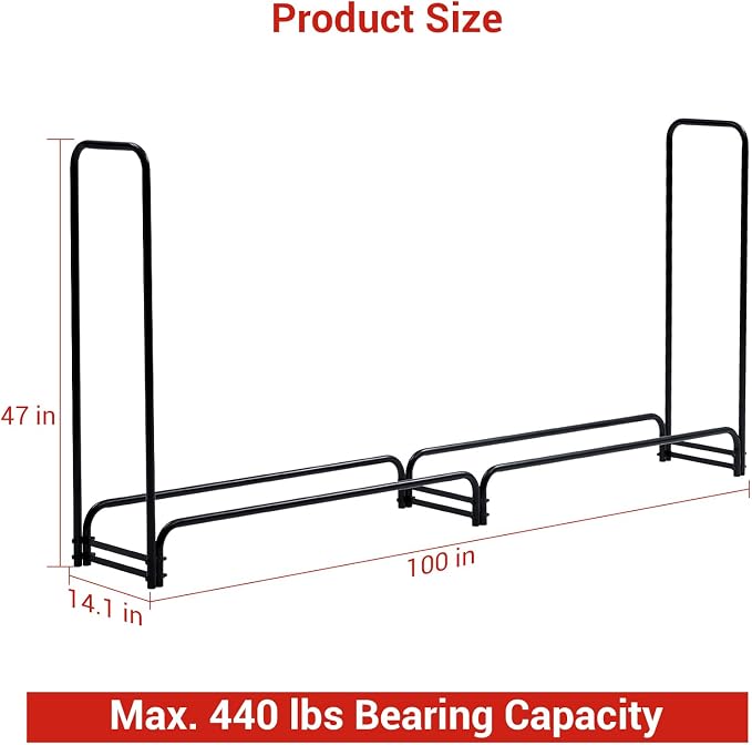 PeakPursuit 8FT Firewood Rack Outdoor with Waterproof Cove, Heavy Duty Logs Holder for Indoor Fireplace Metal Wood Pile Storage Stacker Organizer, Black