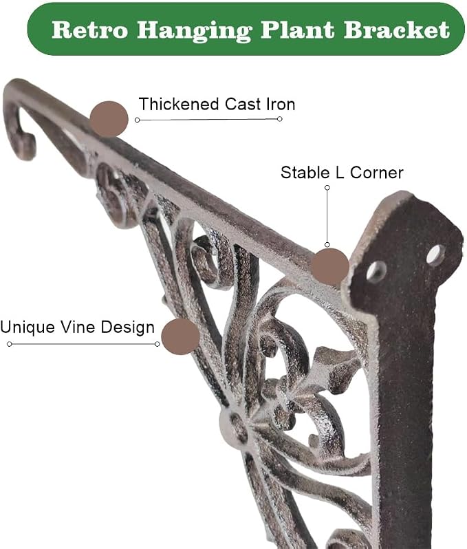 Z metnal Cast Iron Plant Hanger - 12 inch Rustic Wall Mounted Hanging Basket Holder for Outdoor Garden, Patio, Porch Decor - Heavy Duty Metal Hook Bracket