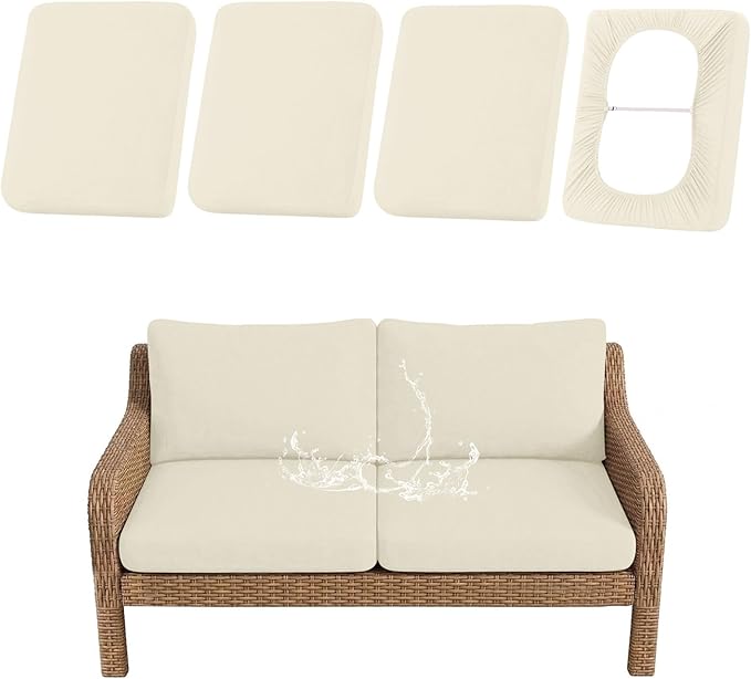 hyha Waterproof Outdoor Cushion Covers for Patio Furniture, Stretch Patio Chair Cushion Slipcovers, Coated UV Resistant Replacement Seat Covers, Solid Color (Beige, 4PC)