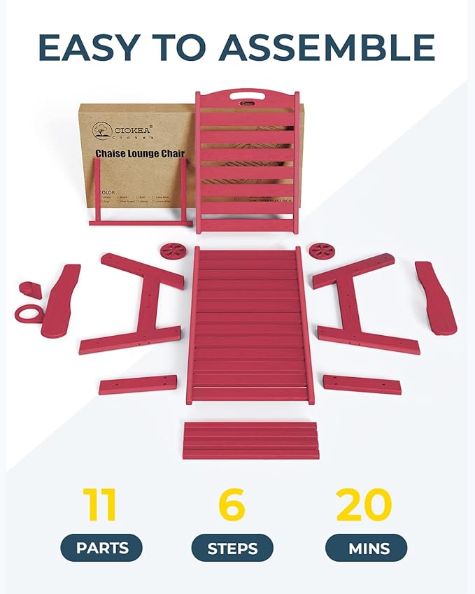 Outdoor Lounge Chair Set of 4, All Weather Patio Chaise Lounge Chair for Outside, HDPE Chair with Rolling Wheels & Cup Holder, 5 Position, Deck, Pool, Red