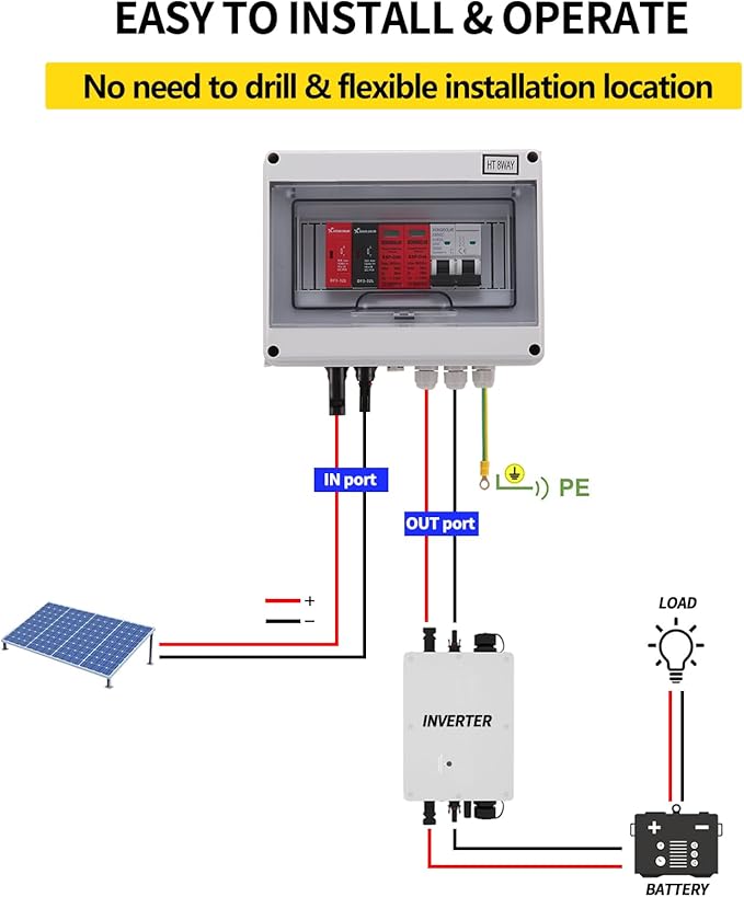 VOU 600V Solar DC PV Combiner Box for Solar Panel,1 String with Lightning Arrester Connector for On/Off Grid Solar Panel System,1 Input 1 Out 15A Rated Current Fuse,63A Circuit Breaker,Waterproof