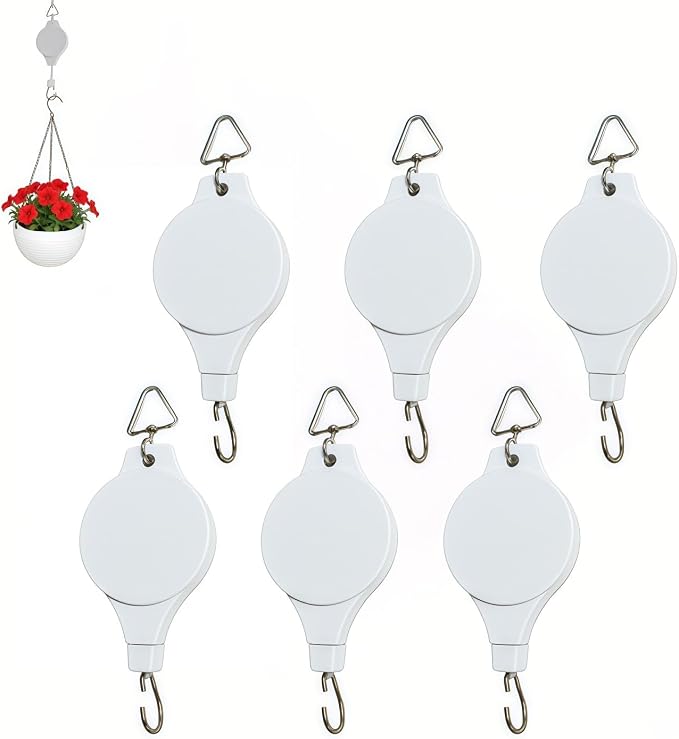6PCS Retractable Plant Hanger Pulley, Upgraded for Hanging Plants Flower Pots, Easy Raise Lower, Fit Hanging Planters, Bird Feeders Home Garden (White-6PCS)