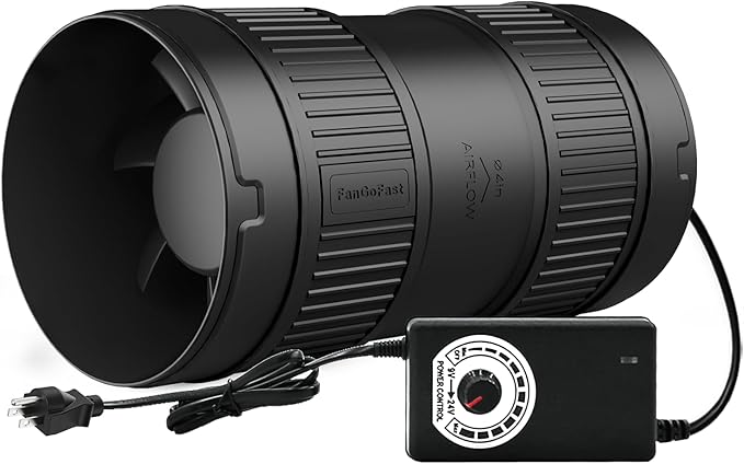FanGoFast 4 Inch Inline Duct Fan 130CFM Airflow with Stepless Speed Control Low Noise Energy Saving Ventilation Booster Fan for Grow Tents,Workshops,Basements
