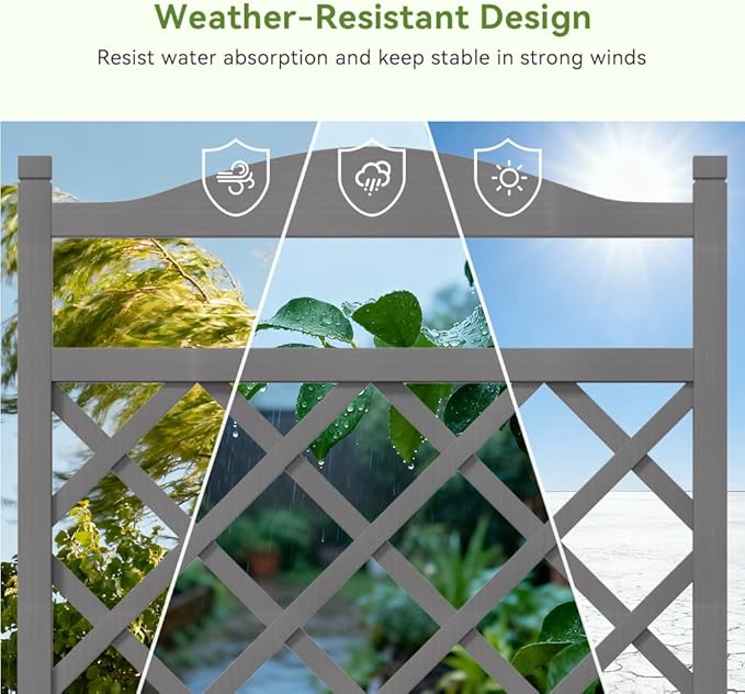 COMHOMA Raised Garden Bed with Trellis and Wheels,48Inch Elevated Planter Box with Drainage Holes,Lattice Privacy Screen for Climbing Plants Vegetables,Outdoor for Patio Balcony Yard,Gray