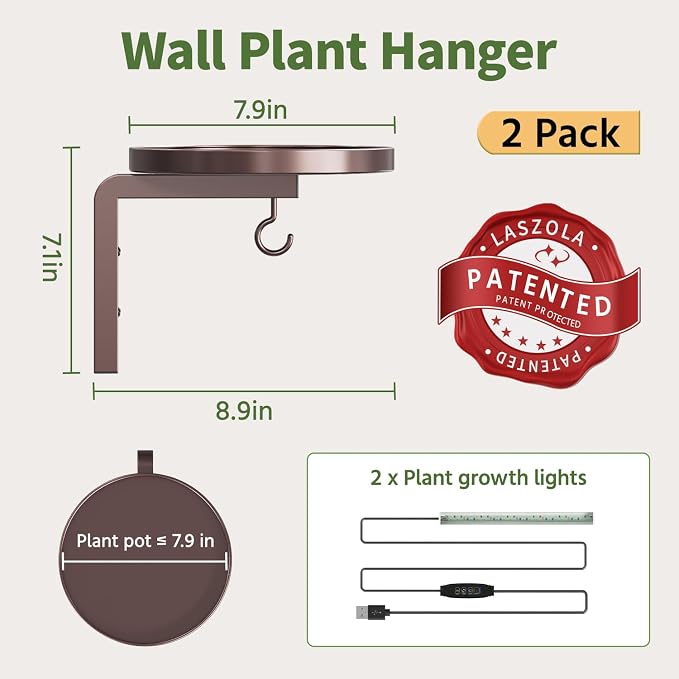 LASZOLA Plant Hangers Shelves Wall Mounted Indoor with Grow Lights, Metal Window Plant Holders, 2Pcs Modern Floating Flower Display Stand with 2 Hooks for Outdoor Kitchen Bathroom Decor, Bronze