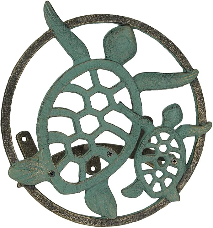 Zeckos Verdigris Bronze Finish Cast Iron Sea Turtle Decorative Wall Mounted Hanging Garden Hose Hanger - 12 Inches Diameter - Ocean-Inspired Hose Holder Décor