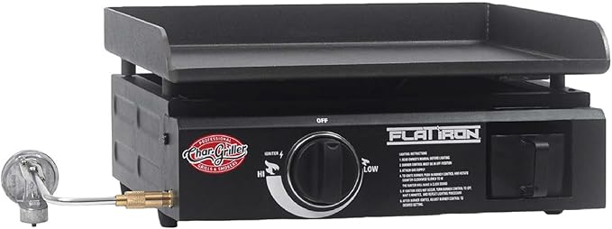 Char-Griller® Flat Iron 1-Burner Portable Propane Gas Flat-Top Griddle with Steel Griddle Top, Includes Electronic Ignition, 265 Cooking Square Inches in Black, Model E8217