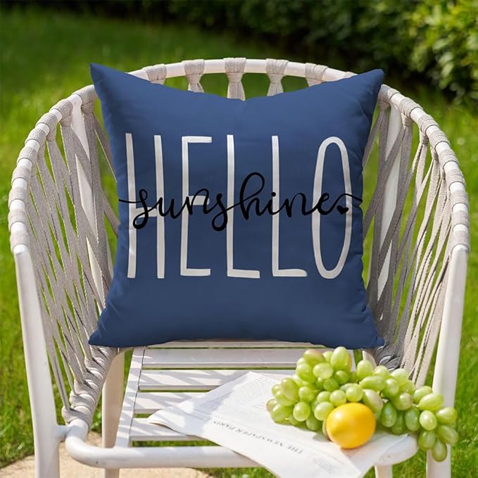 DFXSZ Outdoor Pillow Covers 18x18 Inch Set of 2 Hello Sunshine Decor Blue Waterproof Summer Outdoor Pillowcases Decor for Patio Funiture Garden Sofa Couch 020K18
