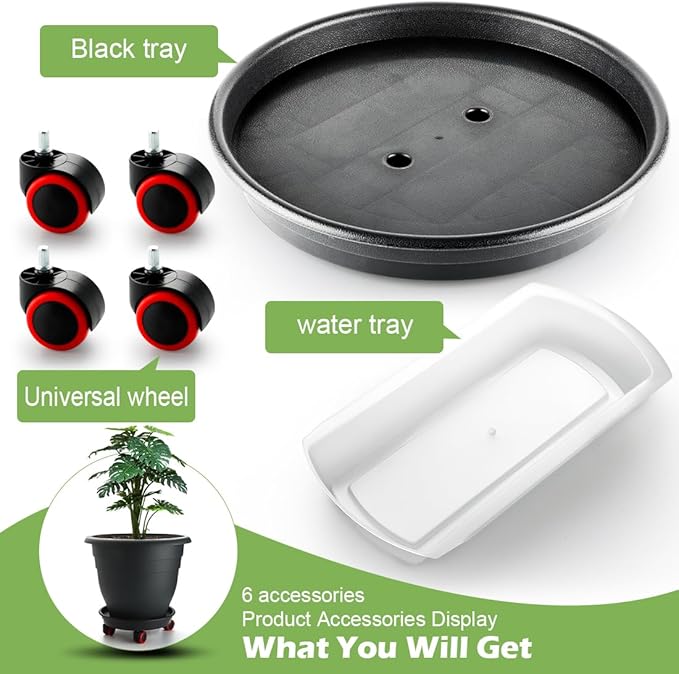 RooTrimmer 3 Pack 16 Inch Large Plant Pots with Rolling Saucers & Drainage Holes,Heavy Duty Plastic Planters for Indoor Outdoor Plants,Large Flower Pots with Wheels for Tall Plants(Black)
