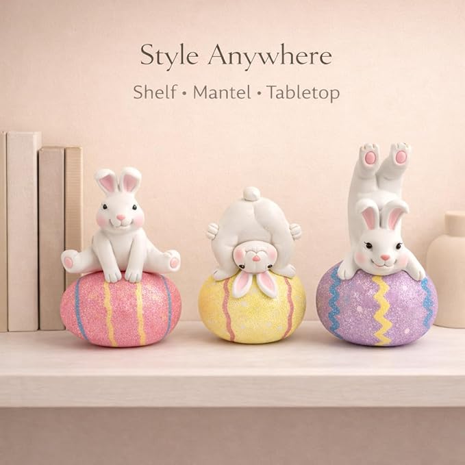 GoGnome Easter Decoration Indoor, Set of 3 Resin Easter Bunny Figurines on Pastel Eggs – 6.5''H Playful Rabbit Spring Decor for Shelf, Mantel & Tabletop (Pink/Yellow/Purple)