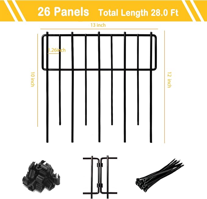 26 Pack Animal Barrier Fence, 12In(H) x 28.00Ft(L) Upgrade 1.26 in Gap Decorative Fences No Dig Fence for Rabbit and Dog, Rustproof Metal Wire Garden Fence Border for Garden Patio Landscaping